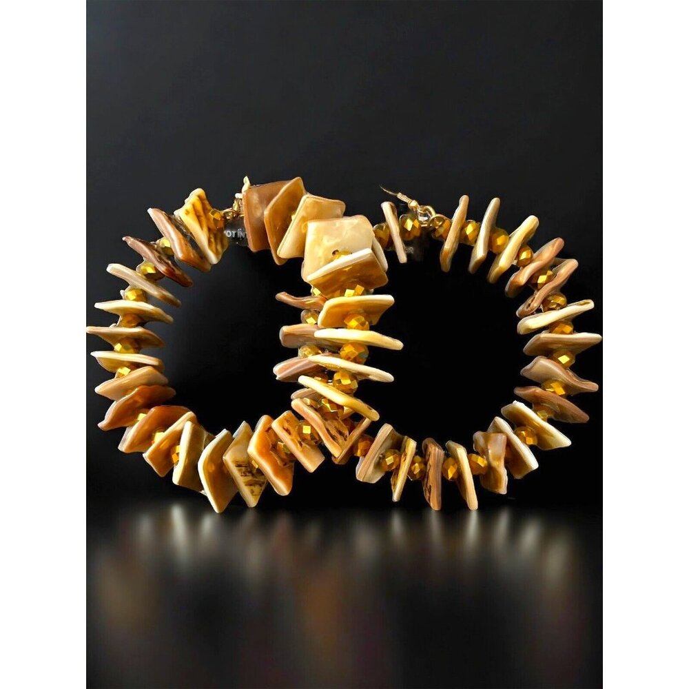 Edge Jumbo Flat Brown Squares Gold HOOP Dangle Drop Earrings